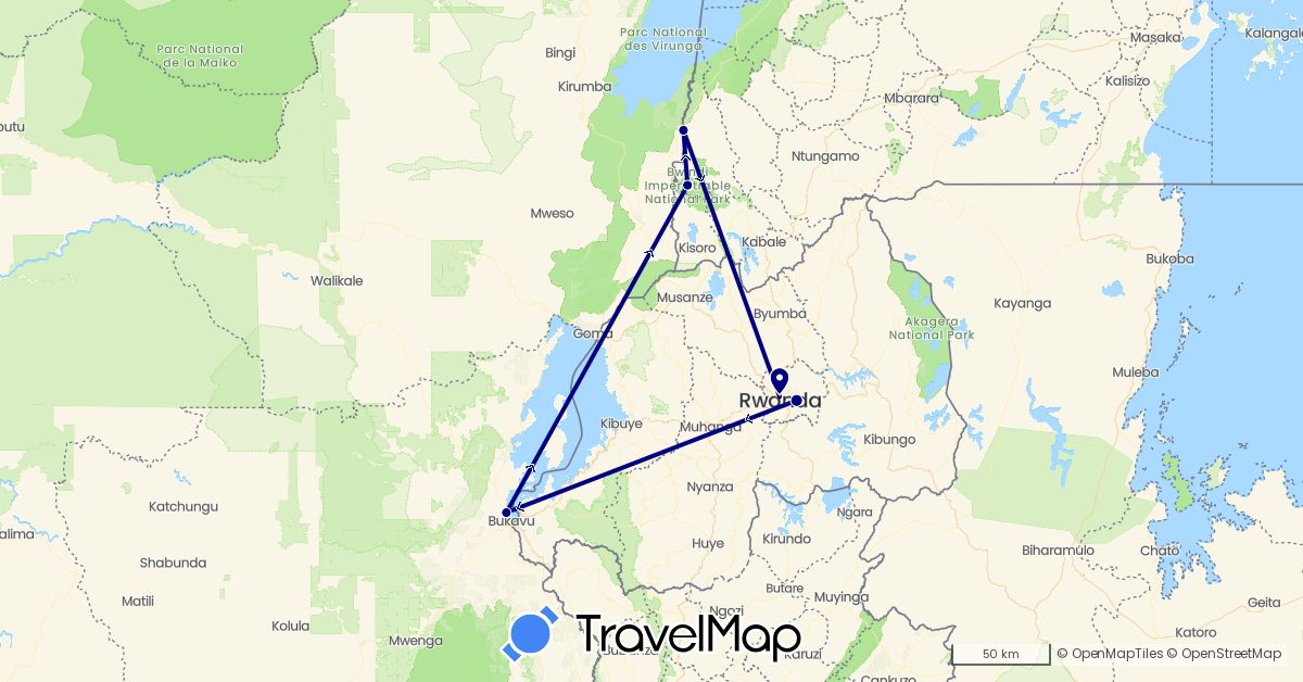 TravelMap itinerary: driving in Democratic Republic of the Congo, Rwanda, Uganda (Africa)
